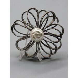 Large Flower Brooch Silver Tone Looped Petals Faux Mabe Pearl Vintage Statement